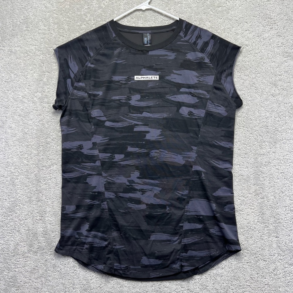 Alphalete Velocity Tee Mens L Black Gray Camo Workout Gym Muscle Tee Activewear